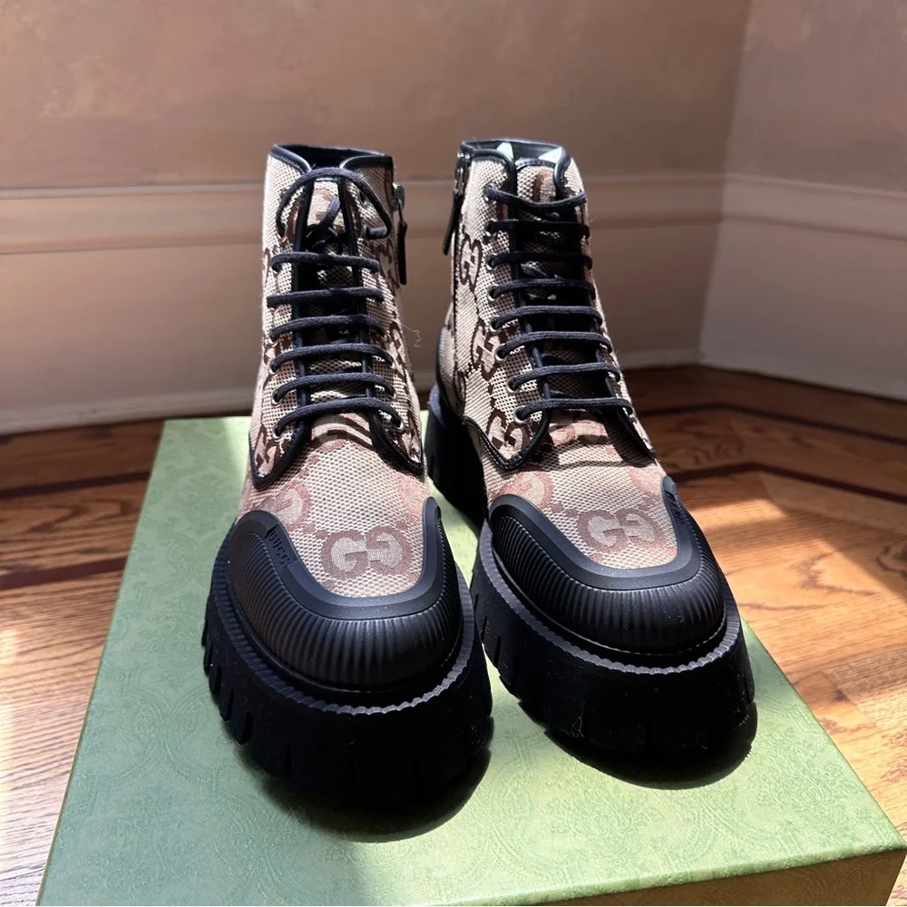 Gucci Maxi‎ GG Canvas Lace Up Boots Size 40.5 New with Box